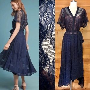 Beguile Byron Lars Katalina dress navy blue asymmetrical lace fit & flare dolman
